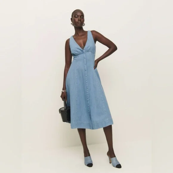 Reformation Sebastien Denim Midi Dress, Size 2, $248